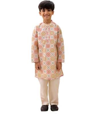Off white printed silk kurta set 1