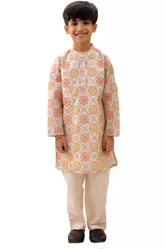 Off white printed silk kurta set