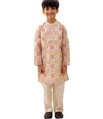 Off white printed silk kurta set