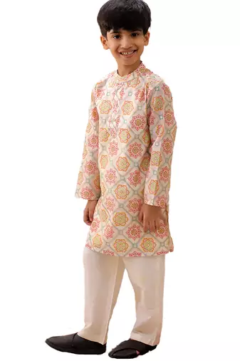 Off white printed silk kurta set