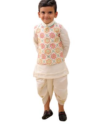 Off white printed silk nehru jacket set 1