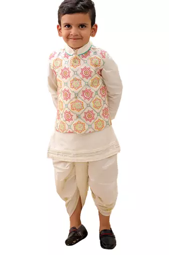 Off white printed silk nehru jacket set