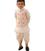 Off white printed silk nehru jacket set