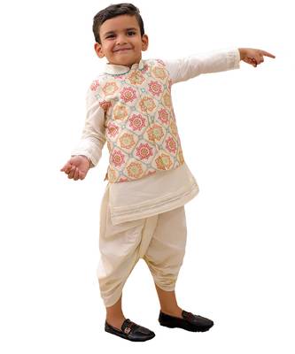 Off white printed silk nehru jacket set 2