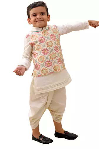 Off white printed silk nehru jacket set