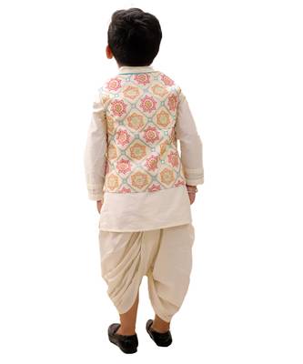 Off white printed silk nehru jacket set 3