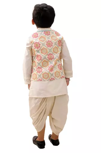 Off white printed silk nehru jacket set