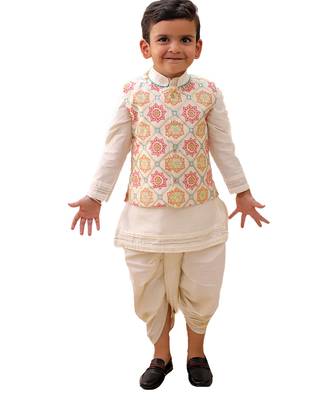Off white printed silk nehru jacket set 4