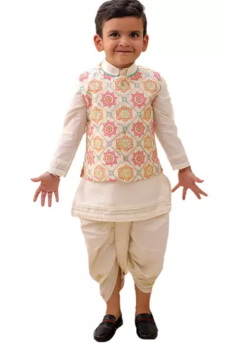 Off white printed silk nehru jacket set