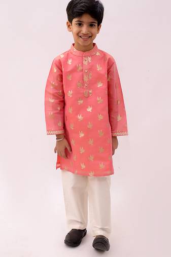 Peach printed chanderi kurta set
