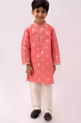 Peach printed chanderi kurta set