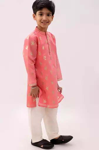 Peach printed chanderi kurta set