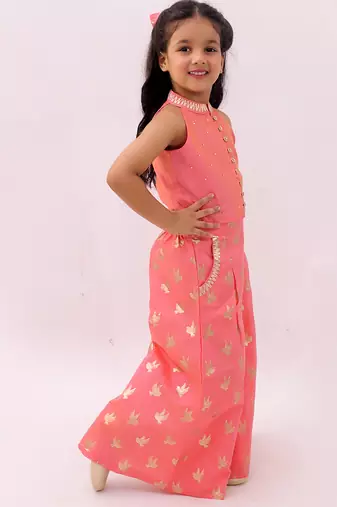 Peach printed chanderi co ord set