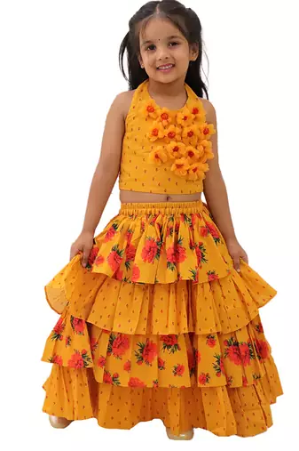 Mustard printed cotton lehenga