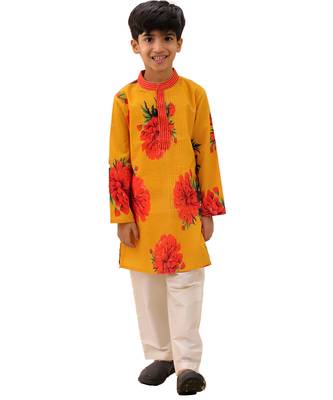 Mustard printed cotton kurta set 1