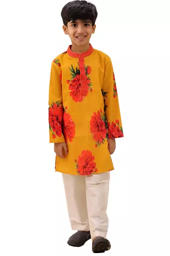 Mustard printed cotton kurta set