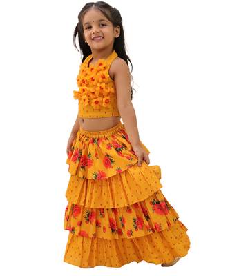 Mustard printed cotton lehenga 4
