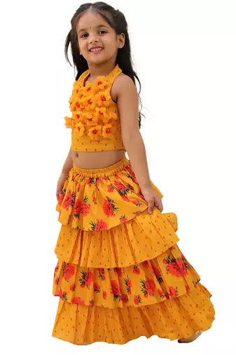 Mustard printed cotton lehenga