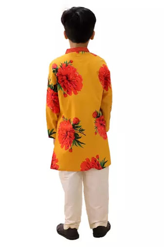 Mustard printed cotton kurta set