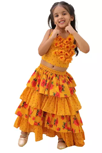 Mustard printed cotton lehenga