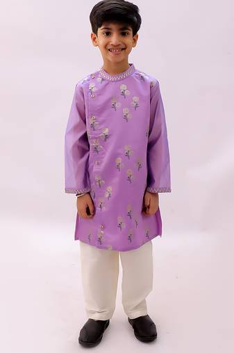 Purple printed chanderi kurta set