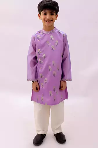 Purple printed chanderi kurta set
