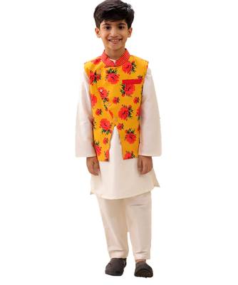 Mustard printed silk nehru jacket set 1