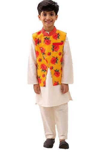 Mustard printed silk nehru jacket set