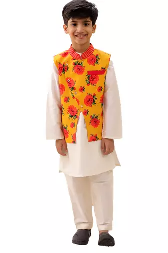 Mustard printed silk nehru jacket set