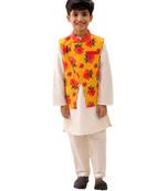 Mustard printed silk nehru jacket set