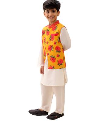Mustard printed silk nehru jacket set 5