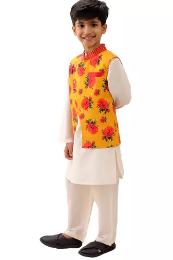 Mustard printed silk nehru jacket set