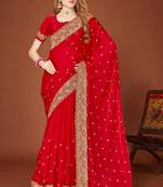 Red zari resham embroidered border two tone silk party wear saree with blouse piece