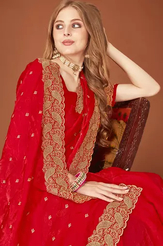 Red zari resham embroidered border two tone silk party wear saree with blouse piece