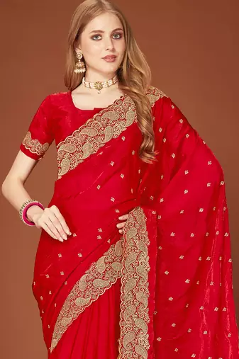 Red zari resham embroidered border two tone silk party wear saree with blouse piece