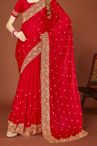 Red zari resham embroidered border two tone silk party wear saree with blouse piece