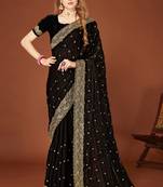 Black zari resham embroidered border two tone silk party wear saree with blouse piece