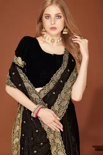 Black zari resham embroidered border two tone silk party wear saree with blouse piece