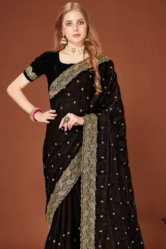 Black zari resham embroidered border two tone silk party wear saree with blouse piece