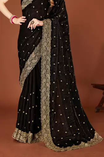 Black zari resham embroidered border two tone silk party wear saree with blouse piece