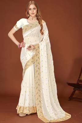 White zari resham embroidered border two tone silk party wear saree with blouse piece 1