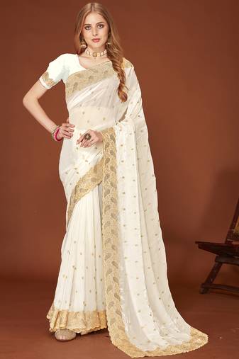 White zari resham embroidered border two tone silk party wear saree with blouse piece