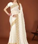 White zari resham embroidered border two tone silk party wear saree with blouse piece