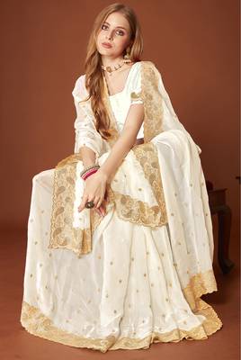 White zari resham embroidered border two tone silk party wear saree with blouse piece 2