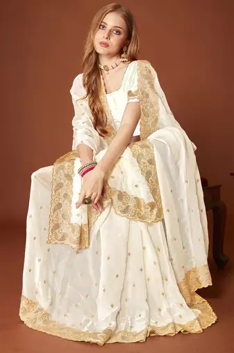 White zari resham embroidered border two tone silk party wear saree with blouse piece