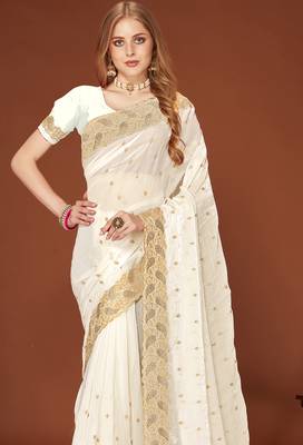 White zari resham embroidered border two tone silk party wear saree with blouse piece 3