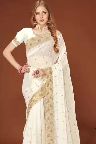 White zari resham embroidered border two tone silk party wear saree with blouse piece