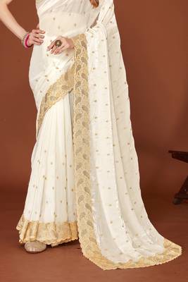 White zari resham embroidered border two tone silk party wear saree with blouse piece 4
