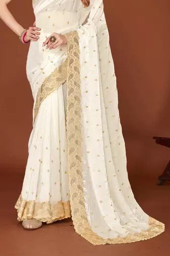 White zari resham embroidered border two tone silk party wear saree with blouse piece
