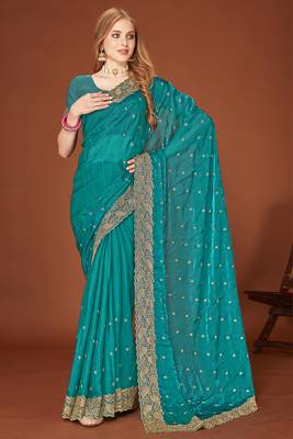 Teal blue zari resham embroidered border two tone silk party wear saree with blouse piece 1